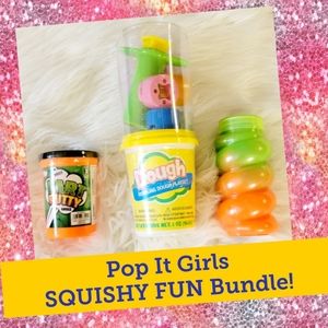 Pop It Girls, Squishy Bundle! Orange Putty, Green Twisty Slime, Playdoh